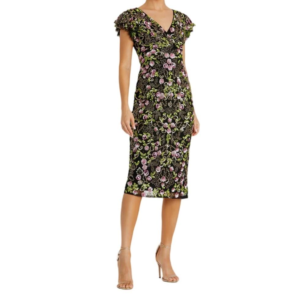 Mac Duggal Black Floral Embellished Flutter Cap Sleeve Dress Women’s Sz 6
